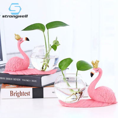 Strongwell Home Decoration Crafts Modern Flamingo Ornament With Glass Hydroponics Resin Flower Vase Green Plants Container