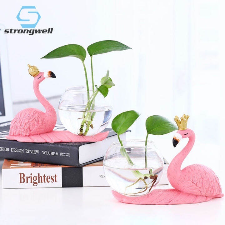 strongwell-home-decoration-crafts-modern-flamingo-ornament-with-glass-hydroponics-resin-flower-vase-green-plants-container