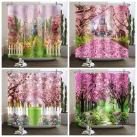 Dreamlike Blooming Pink Flower Shower Curtain Tree Forest Bathroom Bathtub Decoration Waterproof Bath Curtain Home Decor 180x240