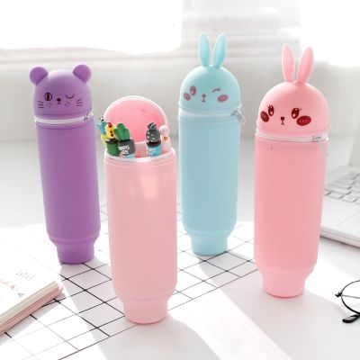 【CW】 Cute Cartoon Pencil Bag Jelly Color Silicon Pencil Case Kawaii Stationery Pen Holder Stand Up Pencil Box Xmas Gift Pen Organizer