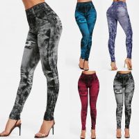 HOT HULXOIQQQEWV 573[] 2022เซ็กซี่ Astic เลียนแบบกางเกงยีนส์ Leggings ผู้หญิงยืดกางเกงเอวสูงฟิตเนสบาง Push Up Leggings สำหรับผู้หญิงฤดูร้อนกางเกง