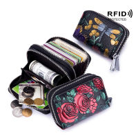 Fashion RFID Women Card Holder Split Leather Double Zipper Card Case Large Capacity 3D Flower Printed Lady Women Wallets Purse