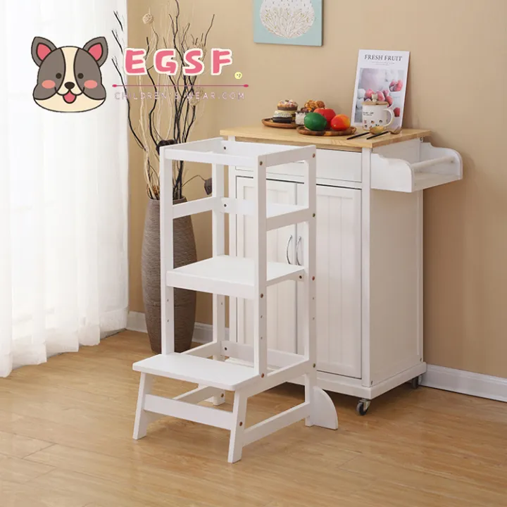 Kids Kitchen Step Stool with Safety Rail,Wooden Toddler Standing Tower