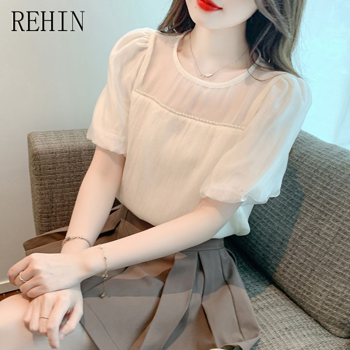 rehin-เสื้อผู้หญิงแขนสั้น-เสื้อสไตล์เกาหลีแบบใหม่ฤดูร้อนแขนสั้นคอกลมหลวมประกบเสื้อหรูหราอเนกประสงค์