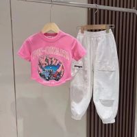 【Ready】? New 2023 girls half-sleeve summer mid-year childrens suit foreign style fashionable overalls loose cartoon suit