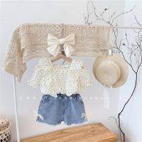 [COD] summer suit 2021 new fashion Korean version baby girl chiffon short-sleeved denim two-piece set