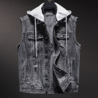 Plus size Short Denim Vest men Detachable Hooded Coat Spring summer Side pockets Sleeveless Jeans Jacket Mens Tops-4XL