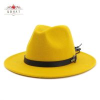 QBHAT Women Men Wide Brim Wool Felt Jazz Fedora Hats Panama Style Cowboy Trilby Party Formal Dress Hat Large Size Yellow White