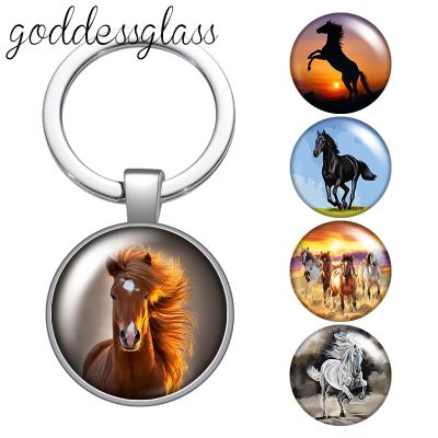 Animal Running Horse Steed glass cabochon keychain Bag Car key chain Ring Holder Charms keychains gift Key Chains
