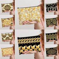 Fashion and High-end Gold Feather Print with Zipper Women Cosmetic Bridesmaid Make Up Case Beauty Toiletries Travel Luxury Bag