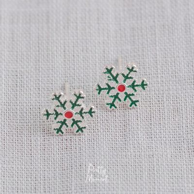 Pretty Moment ต่างหูเงิน เกล็ดหิมะ สีเขียว Snowflake ต่างหู มินิมอล 925 สลักก้าน คริสมาส ของขวัญ