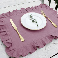 4PCS ผ้าลินินแท้งานแต่งงานอาหารค่ำสีทึบ Flounce Placemats Ruffle Edge 100 ผ้าลินินผ้ากันเปื้อนคลาสสิก Custom Home ตารางผ้าเช็ดปาก