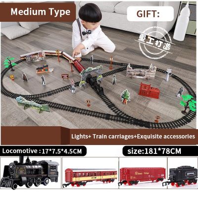 รถไฟรถไฟฟ้าของเล่นคลาสสิกรถไฟเครื่องยนต์แบบ DIY ติดตามชุดรางรถไฟรถไฟไอน้ำแบบไดนามิกของเล่นไฟฟ้าสำหรับเด็ก