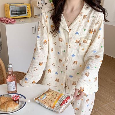 100 Cotton Gauze Pajamas for Women Korean Long Sleepwear Bear Print Pijamas Pyjamas Long Sleeve 2 Piece Female Set Dropshipping
