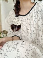 ► Summer Japanese ins cute cartoon rabbit cotton yarn nightdress girl simple round neck long baby cotton dress