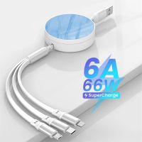 RENATAER สายชาร์จแบตสำรอง USB ยืดหดได้6A/66W สายข้อมูล Type C สายที่ชาร์จความเร็วสูง3 In1สาย USB สายชาร์จชาร์จเร็วสุดๆ