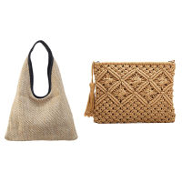 2PCS Fashion Women Shoulder Bags Wicker Woven Straw BagKhaki with Womens Hand-Woven Cotton Bag Straw Woven Bag Khaki