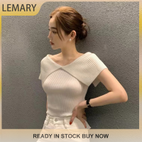 Lemary เสื้อยืดถักเข้ารูปเปิดไหล่เปิดสีทึบสำหรับผู้หญิงเกาหลี,แฟชั่นฤดูร้อน