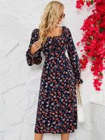 【YF】 BKMGC Elegant Dark Blue Floral Printed Square Collar Side Split Dress For Women Summer Autumn Boho Bohemian Hippie Vintage 6500