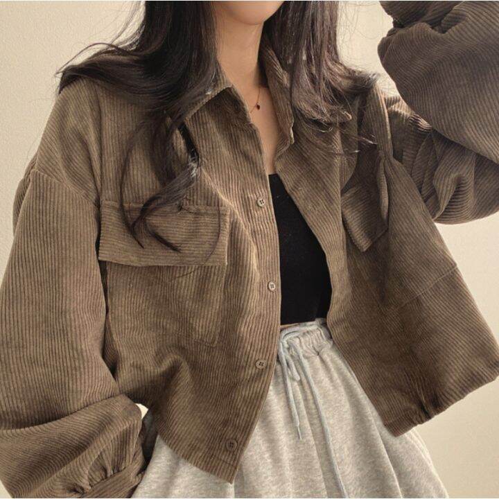 spot-korean-french-style-vintage-single-breasted-lapel-corduroy-shirt-long-sleeve-coat-female-fashion-2023