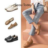 LllffG BeauToday หนังแกะผู้หญิง Sepatu Pantofel Kulit ลื่นสตรีรองเท้านิ้วเท้ากลมเพนนีแฟลตสบายทำด้วยมือ27474