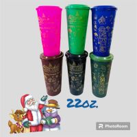 แก้ว 22 oz pp แข็ง สกรีนลาย  Merry Christmas  พร้อมฝาเรียบแข็ง คละสี  รหัส K-22/k/90