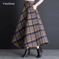 FairyShely  High Waist Plaid Pleated Skirt Women Vintage Pocket Woolen Plus Size Maxi Skirt female Korean Tweed Long Skirt