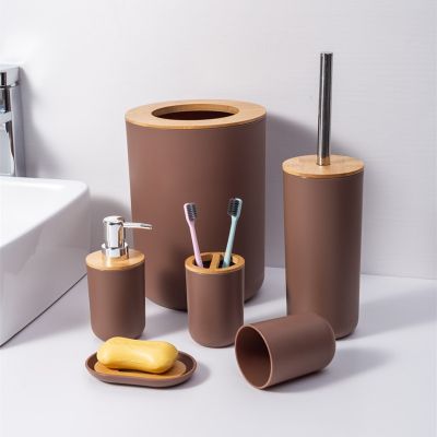 【jw】▪  6 pçs de bambu conjunto quarto acessórios do banheiro titular escova dentes dispensador sabão vaso sanitário lixo pode essencial
