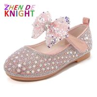 Girls Princess Shoes 2023 Autumn New Soft Sole Baby Leather Shoes Bow Tie Sequin Childrens Crystal Shoes