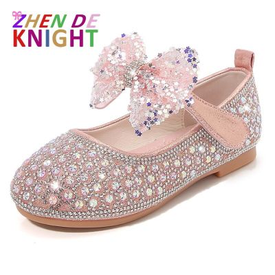 Girls Princess Shoes 2023 Autumn New Soft Sole Baby Leather Shoes Bow Tie Sequin Childrens Crystal Shoes