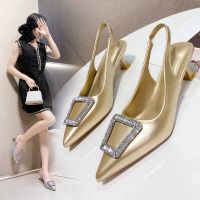 Golden square buckle diamond point after the empty high-heeled sandals in baotou female new spring and summer 2023 fine with lighter shoes