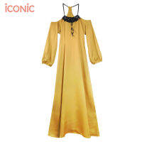 iCONiC GOLD ALMANDINE MAXI DRESS #0155 ชุดเดรสยาว สีเหลืองทอง ชุดราตรี ผ้าไหมซาติน ตกแต่งงานปักคริสตัล เทปกำมะหยี่ ชุดเดรสไฮโซ ชุดเดรสเปิดไหล่ เสื้อผ้าผญ