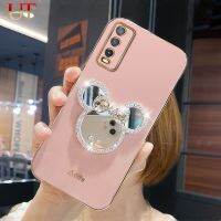 เคสซิลิโคนชุบน่ารักสำหรับ VIVO Y20 Y12S Y12A Y20S Y20i Y20A Y20T Y20G Y20SG ที่ V2043 Y02 Y02T Y27 V2027 V2029 V2032ที่วางเคสโทรศัพท์กระจกแวววาวฝาหลังตั้ง