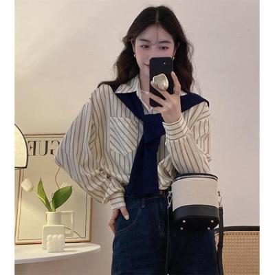 ♀☁◊ French striped long-sleeved shirt autumn top for women new loose design niche chic unique shirt
