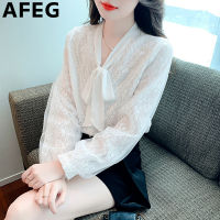 AFEG เสื้อเบลาส์แขนยาวคอวีสำหรับสีทึบ,เสื้อลูกไม้อารมณ์ทรงหลวมแฟชั่นโบว์คอวีฉบับภาษาเกาหลี