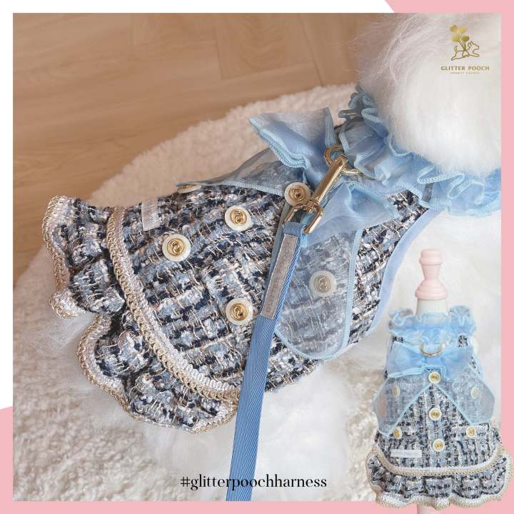 glitter-pooch-harness-ชุดรัดอก-สายจูง-เสื้อผ้า-สุนัข-หมา-แมว-สัตว์เลี้ยง-พร้อม-สายจูง-รุ่น-new-emily-in-paris-blue