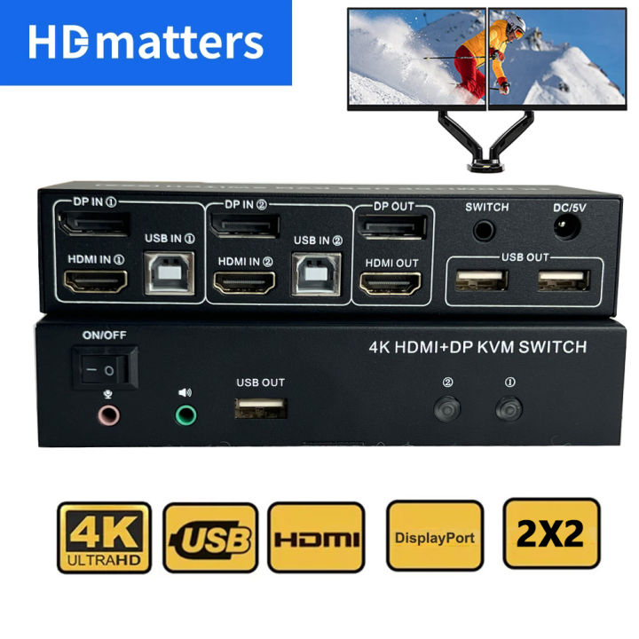 Dual Monitor Hdmi Displayport Kvm Switch 4k 60hz 2 Port Mixed Display 2x2 Hdmi Dp Usb Kvm Switch