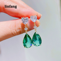 Linfang Love งานแต่งงานต่างหูนิรันดร์สำหรับผู้หญิงสีฟ้า/สีเขียว Pear Cubic Zirconia Drop ต่างหูอารมณ์ Elegant Lady S เครื่องประดับ