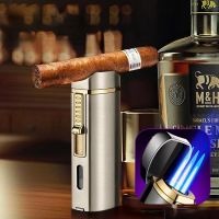 ○ New Luxury Cigar Lighter Torch Metal Straight Jet Butane Lighter Smoking Accessories Cool Cigar Punch Mens Gifts