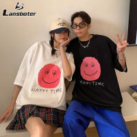 Lansboter เสื้อยืดแขนแขนสั้นคอกลมลำลองทรงหลวมพิมพ์ลายหน้ายิ้มเสื้อยืดสั้นเวลามีความสุข