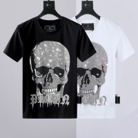 PHILIPP PLEIN เสื้อยืดแขนสั้นใหม่สีดำบริสุทธิ์สีขาวลำลองของคอกลมผู้ชายเสื้อซับในพิมพ์ตัวอักษรเสื้อยืดหัวกะโหลกพลอยร้อนอินเทรนด์