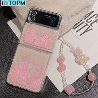 เคสโทรศัพท์ทรายเหลวกากเพชรน่ารักสำหรับ Samsung Galaxy Z Z Z Flip 3 4สร้อยข้อมือลายหมีฝาครอบโซ่