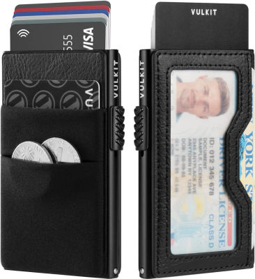VULKIT Minimalist Wallet with ID Window &amp; EDC Pocket Pop Up Card Holder RFID Blocking Slim Wallet Design for Airtag Cash Coins &amp; Credit Cards Black