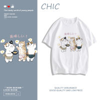 CHIC ผ้าฝ้ายแท้ การ์ตูนลูกแมวพิมพ์เสื้อยืดแขนสั้น สบาย ๆ T0126