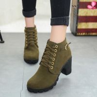 COD dsdgfhgfsdsss listree High-heeled Single-boot Belt Buckle Womens Shoes Thick-heeled Short Boots Martin Boots Lace-up