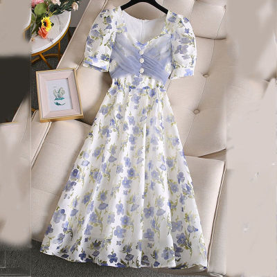 EGW538 Large size womens summer dress for women 2021 New tight waist slimming youthful-looking fashionable floral mid-length dress trendy [delivered on June 30]]