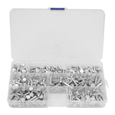 350Pcs M4x4/6/8/10/12/16/20mm Round Flat Head Solid Aluminum Rivets Assortment Kit Metal Fasteners Hardware With Storage Box