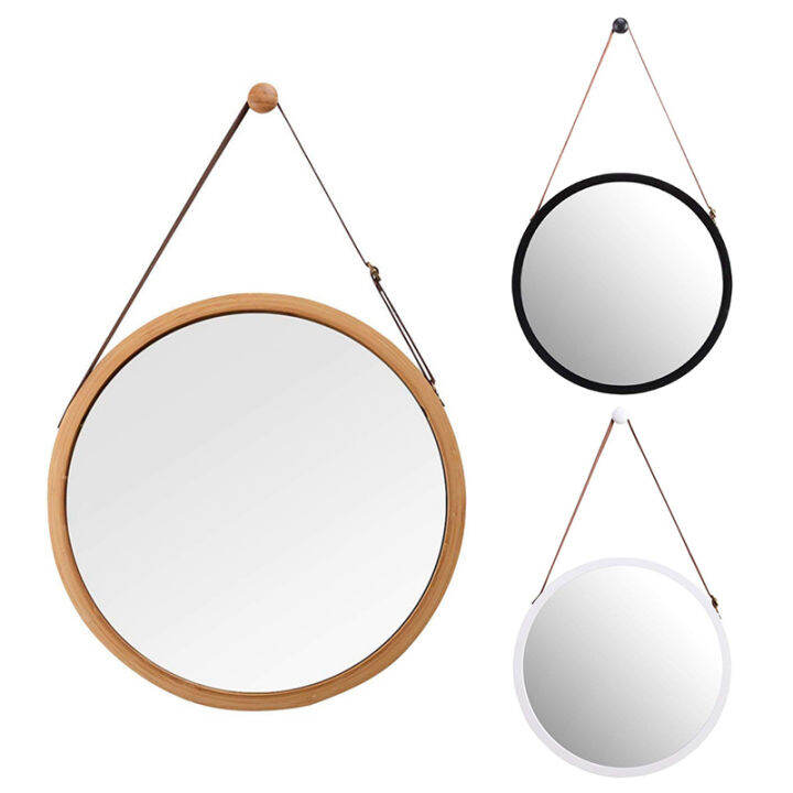 hanging-round-wall-mirror-in-bathroom-amp-bedroom-solid-bamboo-frame-amp-adjustable-leather-strap