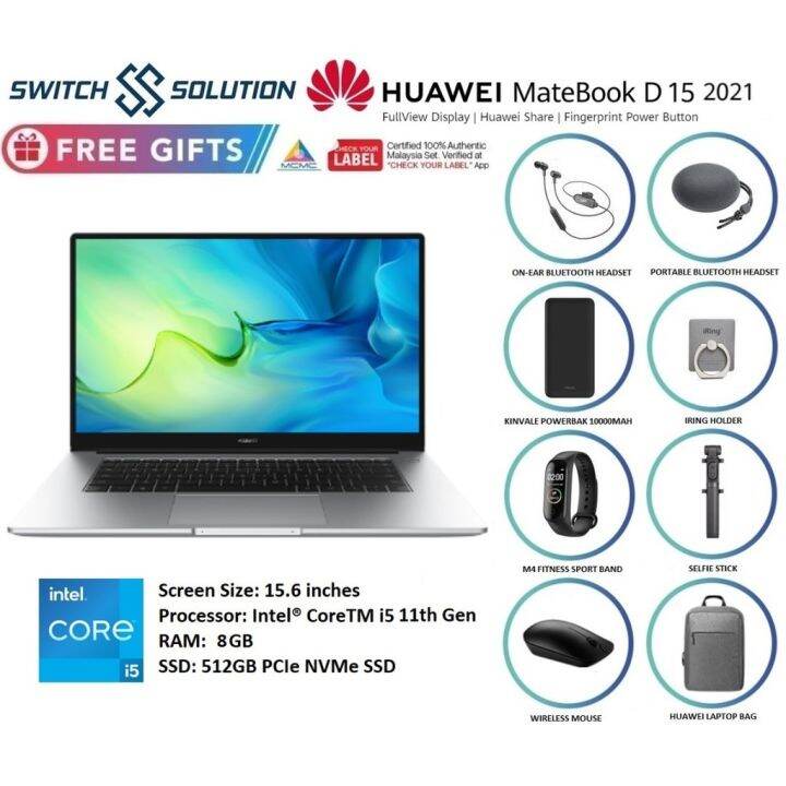 huawei matebook HUAWEI MATEBOOK D15 2021 (8GB / 512GB SSD Intel i5 10th Gen/ 11th Gen ) 1 YEAR