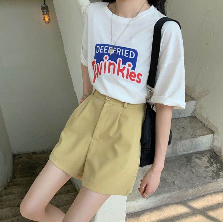 พร้อมส่ง-ล้างสต๊อก-fashion-shorts-กางเกงขาสั้นแฟชั่น-5610-กางเกงสีพื้น-เอวสูง-สม็อคหลัง-ทรงหลวม-วินเทจ